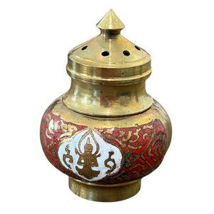 Handcrafted Brass & Enamel Incense Holder With Intricate Red & Gold Pattern